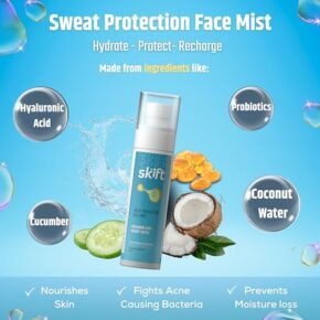Skift Sweat Protection Face Mist/Toner (50ml), Hyaluronic Acid Calms Redness, Reduce Wrinkles, Skin Brightening, Multivitamin Glow, Hydrates & strengthen skin, Coconut water, Vitamin E, Cucumber - Image 2